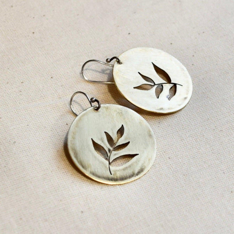 Brass disc earring, botanical jewelry